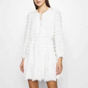 FARM Rio Fringe Detail Mini in Off-White Tie Neck Dress S $225